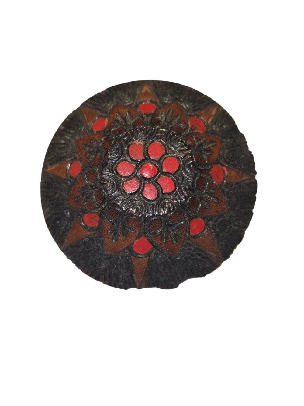 Vintage 1970s MCM Handcarved Handpainted Floral Geometric Wooden Brooch